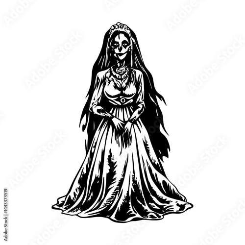 A vintage style illustration of ghostly bride