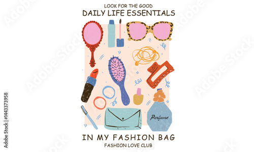 Daily lifestyle essentials in ladies bag. Fashion elements design for fashion, top, dress, graphics, slogan tee, posters and others. Abstract art. What's in my bag.
