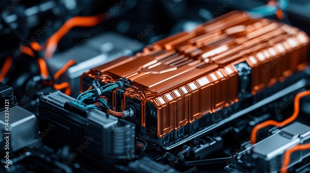 Rare earth renewable energy Concept, Close-up View of Cutting-edge Electric Vehicle Battery Technology in a Modern Automotive Setting