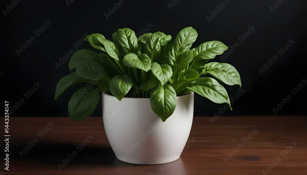 Fototapeta premium A healthy spinach plant grows in a white pot, set against a dark background.