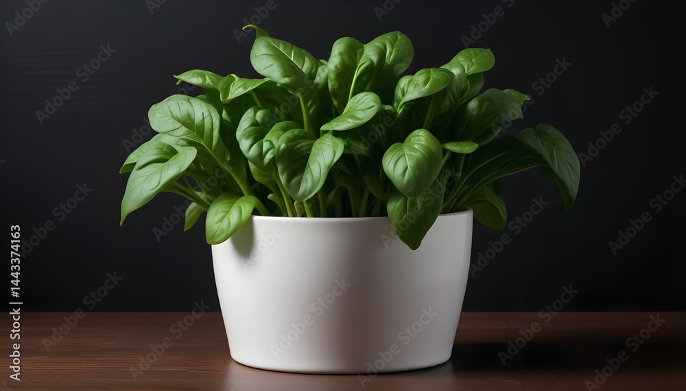 Obraz premium A vibrant spinach plant flourishes in a white pot, creating a fresh, healthy visual.