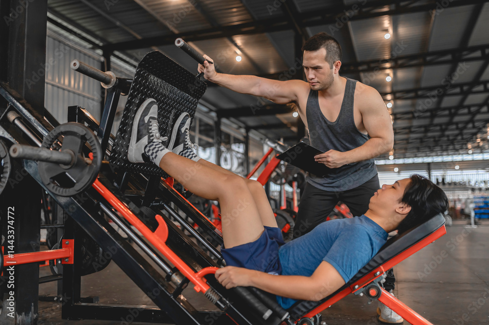 Asian man sitting on a stool with personal trainer,Hire a professional trainer to teach weight training,body and healthy cardio sports workout Asian man sitting on a stool with personal trainer,Hire a professional trainer to teach weight training,body and healthy cardio sports workout