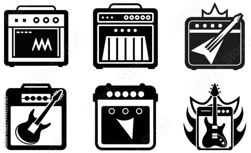 v Black and White Iconic Guitar Amplifier Icons on a white background