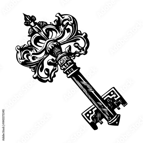Vintage style illustration showing gothic key