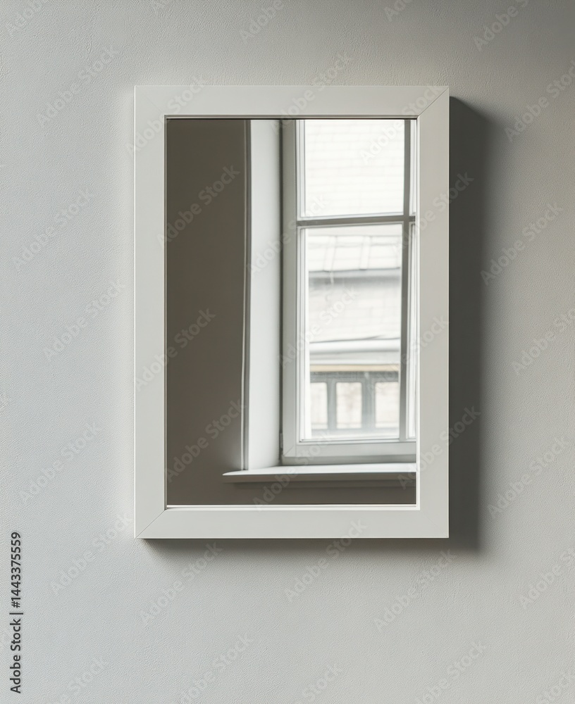 White Framed Mirror Reflecting A Window View On A Textured Grey Wall White Framed Mirror Reflecting A Window View On A Textured Grey Wall