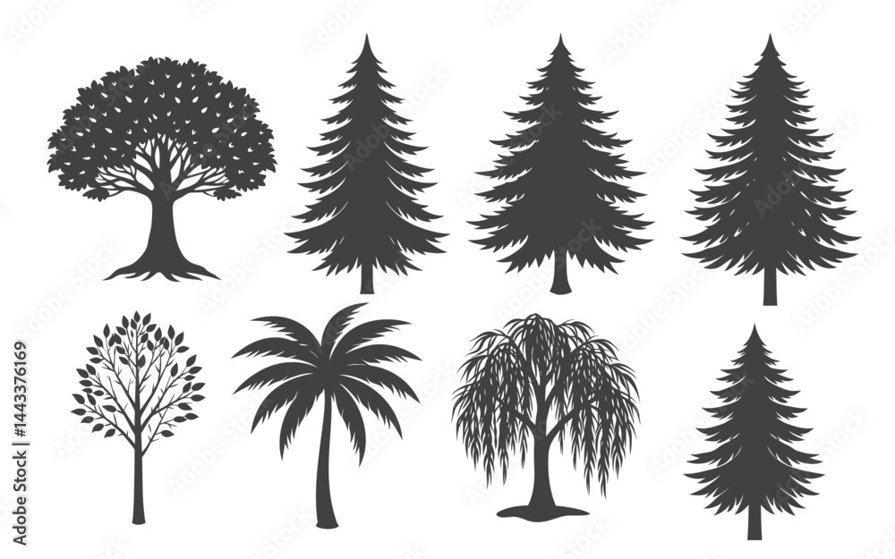 Fototapeta premium set of trees vector illustration on white background, bundle of 8 trees. 