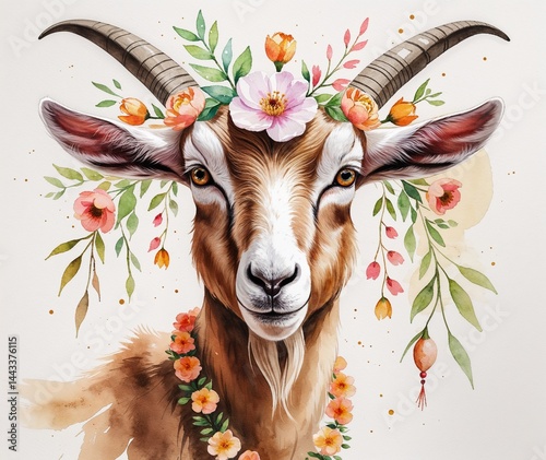 Beautiful watercolor portrait of a goat with floral garland, Eid al-Adha concept, soft brush strokes, natural warm tones, paper texture background, elegant and gentle animal art