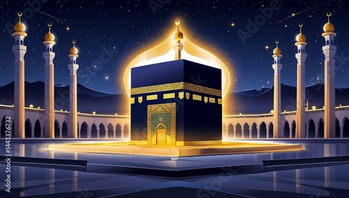 Artistic vector-style Kaaba surrounded by golden light, night background with spiritual glow, large canvas poster size, centered composition for religious-themed visuals