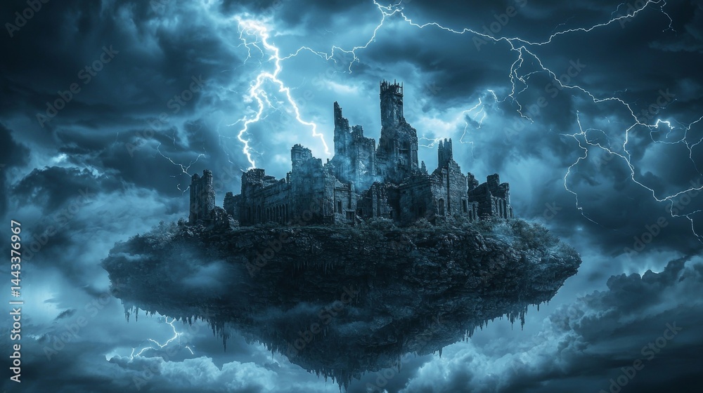 Fototapeta premium Ruined Castle on a Floating Island during a Dramatic Lightning Storm