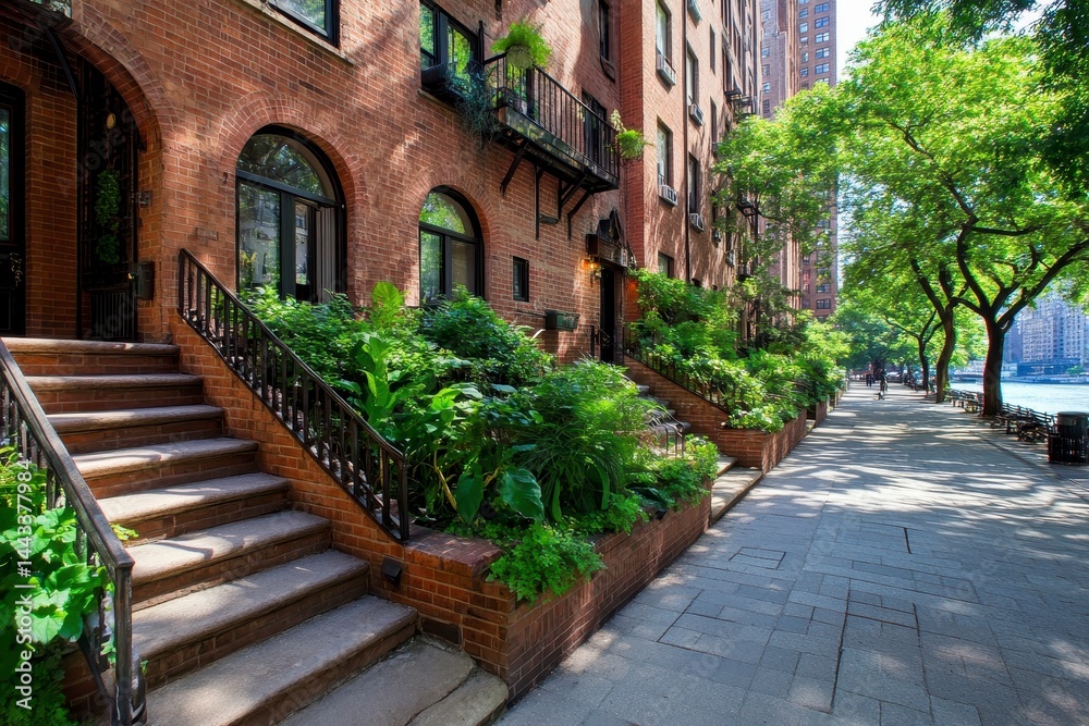 Fototapeta premium Sunlit Walkway and Lush Greenery Beside Brownstone Buildings