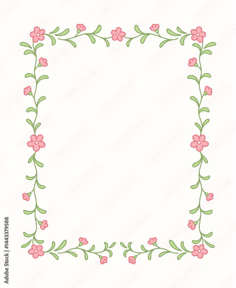 Fototapeta premium Doodle floral frame with green branches and pink flowers cute rustic vector illustration