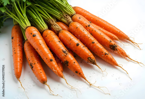 Bunch Of Vibrant Carrots With Green Leafy Tops Attached, Tiny Soil Specks Visible On The Roots, Water Drops, Isolated On A White Background