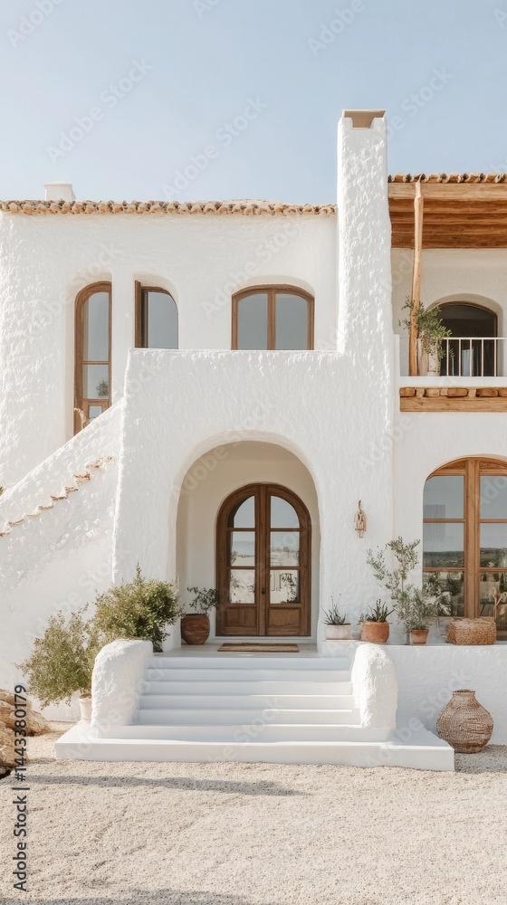 Naklejka premium Elegant white villa with wooden accents under clear blue skies. Featuring arched windows and stone steps. Plants and natural light enhance the Mediterranean aesthetic.