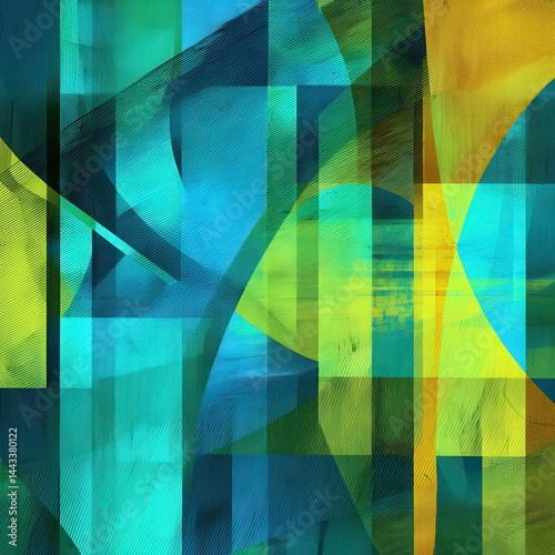 A visually striking abstract composition featuring interlocking geometric shapes in a vibrant palette of blues, greens, and yellows, with subtle variations in texture and depth.