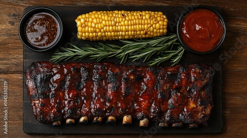 BBQ ribs, corn on the cob, and sauces on a rustic wooden board photo