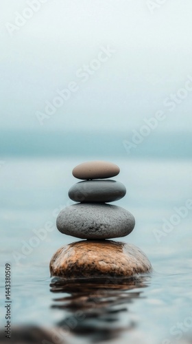 Tranquil stone stack balancing on water surface in serene lake