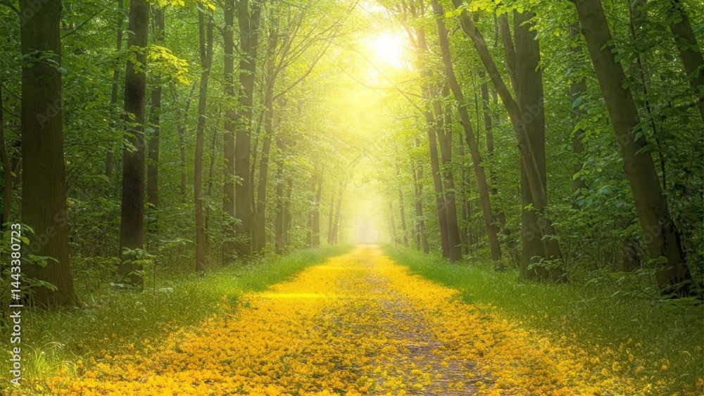 Obraz premium Forest Path with Yellow Petals in Spring Morning Light – Peaceful HD Wallpaper | Spring wallpapers, spring background, spring images, spring wallpaper, spring image