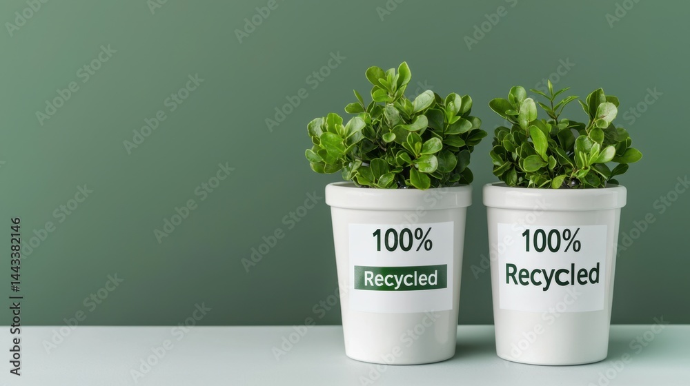 Rare Earth Sustainable Concept, Set of Two Recycled Plant Pots with Fresh Green Plants on a Minimalist Green Background