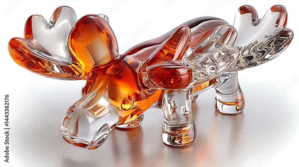 Clear & amber glass moose figurine, smooth surface, delicate features, on white background, cast shadow Clear & amber glass moose figurine, smooth surface, delicate features, on white background, cast shadow