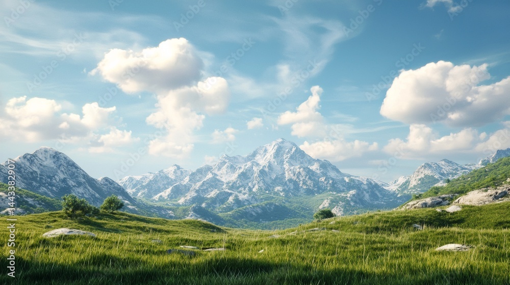 Fototapeta premium a grassy field with mountains in the background and clouds in the sky above it