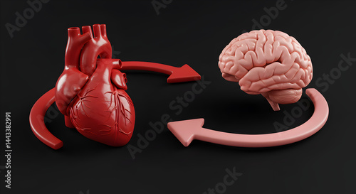 Heart to Brain Anatomical Connection with Arrows in Red and Pink Isolated on Dark Background