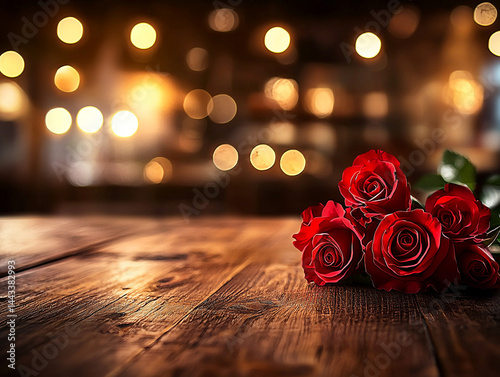 Romantic Red Roses on Wooden Table  Bokeh Background  Valentine s Day  Love  Flowers