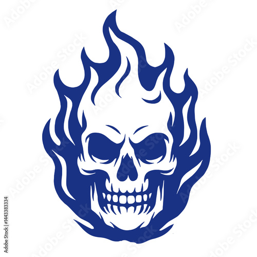 Flaming Skull Vector Illustration in Blue on White Background