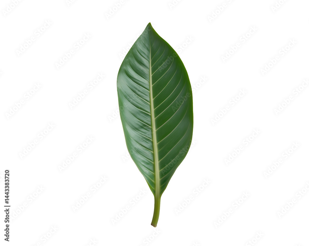 Obraz premium Detailed depiction of a ginger plant leaf showcasing its lance-shaped form and vibrant green color against a contrasting isolated presentation emphasizing its unique characteristics
