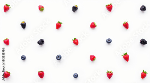 Minimalist scattered berry pattern, simple outlines of strawberries, blueberries, raspberries, and blackberries, clean white background