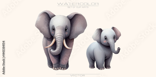 A playful watercolor vector set of elephants in cute poses. Perfect for kids' books, birthday cards, stickers, and joyful, colorful children's designs.