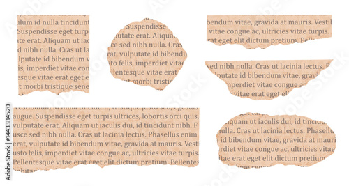 Rip newspaper piece with text in beige color in vintage style. Torn paper for collage