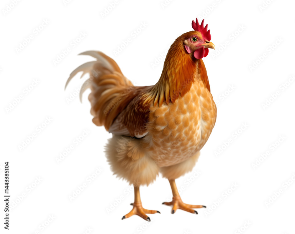 Fototapeta premium Detailed lifelike farm chicken stands upright with golden feathers, red comb, and bright eyes, showcasing its beauty and rustic charm in a captivating portrait