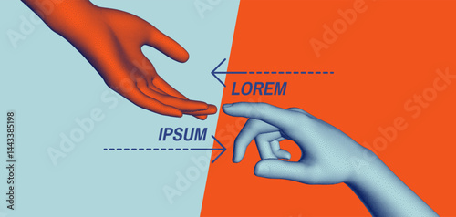 Hands reaching towards each other. Concept of human relation, togetherness or  partnership. 3D vector illustration. Design for banner, flyer, poster, cover or brochure.