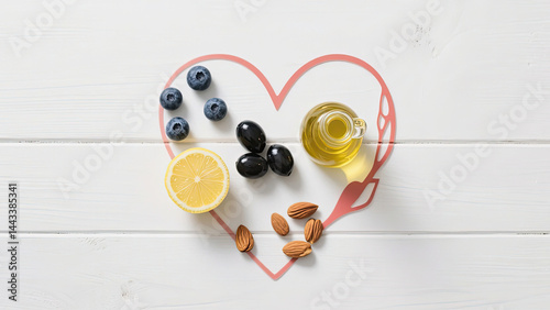 Heart shape of ketogenic low carbs diet concept. Ingredients for healthy foods