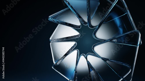 Abstract black background with glass transparent triangle plates in shape of circle render. Crystal ring with light blue gradient and flare 3d animation. Digital graphic design tech banner, wallpaper.