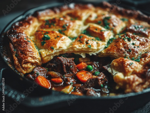 A hearty beef pot pie, freshly baked and steaming