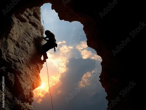 A silhouette of a person abseiling down a cliff