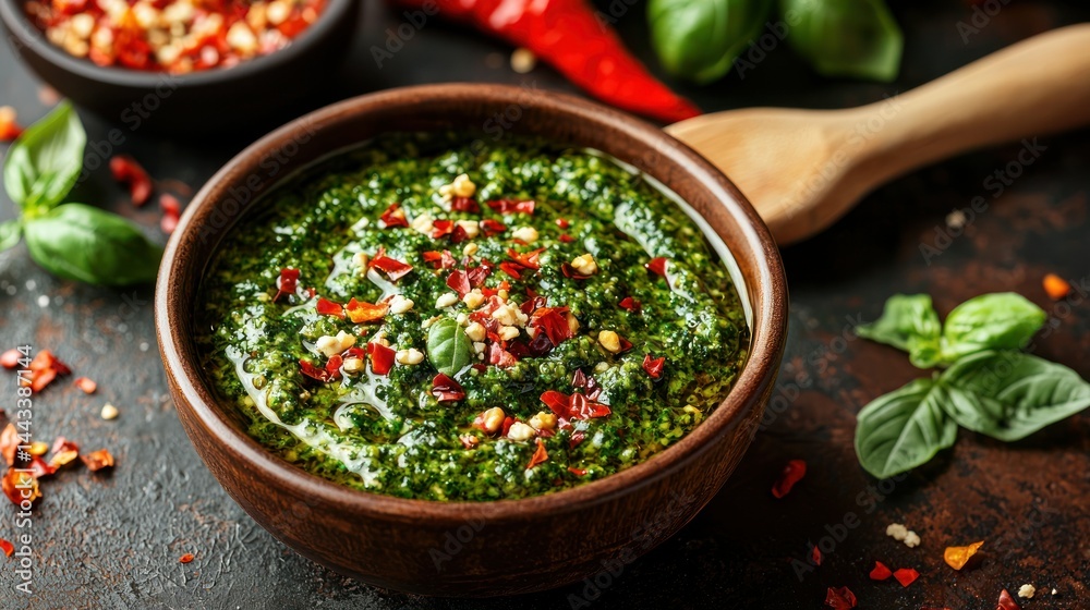 Fresh basil pesto in a bowl Fresh basil pesto in a bowl