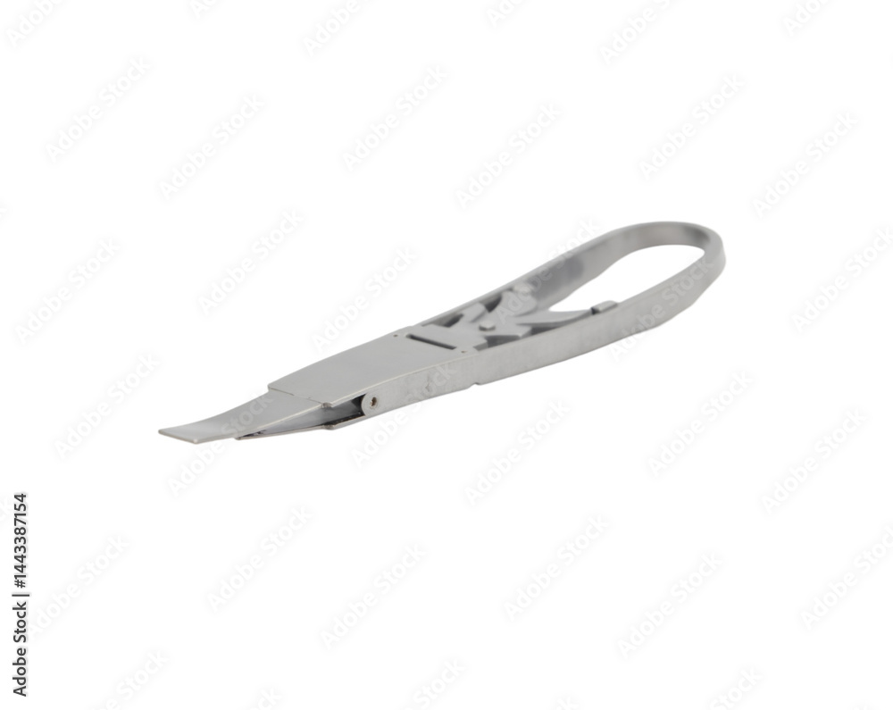 Fototapeta premium Detailed shot of a silver seam ripper tool, revealing its sharp, curved blade and intricate design, essential for precise fabric work and sewing projects