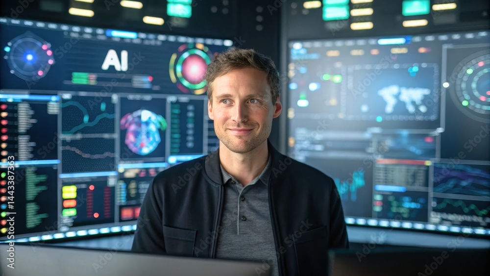 Professional data analyst working in a high-tech control room with AI dashboard display Professional data analyst working in a high-tech control room with AI dashboard display