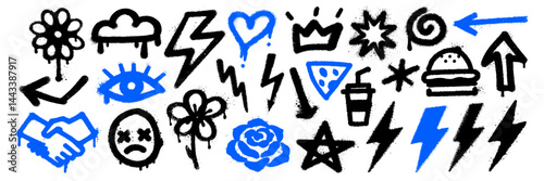 Set of blue and black graffiti icons including food, arrows, eyes, stars  in sprayed style.