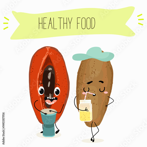 Mamey, mammea, mammee fruit. Natural vitamin antioxidant detox food collection. Vector hand drawn illistration.