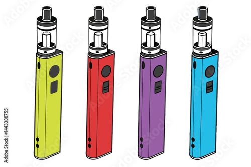 1 Colorful electronic cigarettes, vape pens, vibrant neon colors, green, red, purple, yellow, blue, sleek modern design, metallic accents, transparent tanks, cylindrical shape, product photography, wh