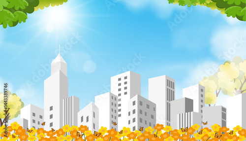 Spring cityscapes with sunlight, blue sky, cloud background,Vector cartoon city park in sunny day morning,Summer landscape City park, green trees, yellow, orange  flowers, urban buildings on skyline.