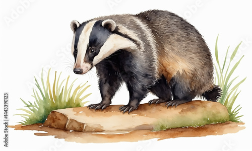 Watercolor painting of a cute badger on a white background. Illustration of a wild forest animal for design: book, sticker, decoration, print or postcard, greeting card. Wildlife theme.