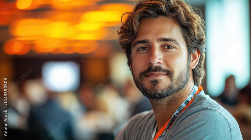 Startup founder engaging with enthusiastic crowd at a bustling trade show in a dynamic conference setting Startup founder engaging with enthusiastic crowd at a bustling trade show in a dynamic conference setting