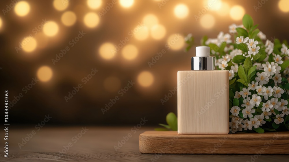 End cap retail display featuring a product mockup with a blurred background and decorative flowers in an inviting store environment