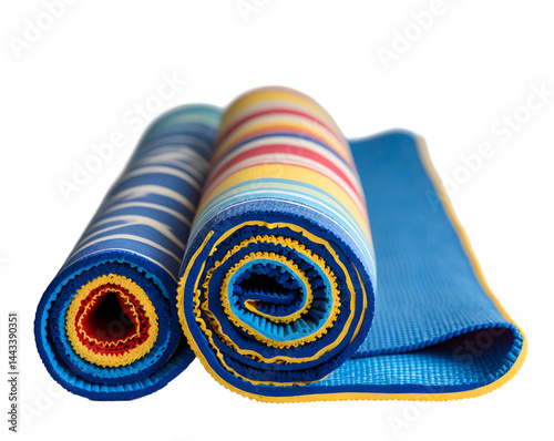 Detailed view of two colorful striped beach mats rolled up on a clean background, showcasing bright summer tones and recreational lifestyle vibes for active leisure moments