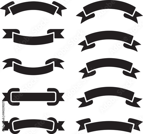 Silhouette vector set of ribbon banners, curved ribbons, straight ribbons, double ribbon, wavy ribbons, scroll style, black decorative design elements
