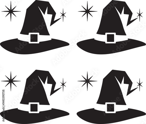 Witch hat silhouettes, pointy hats, bent tip, wide brims, star details, Halloween clipart, magical theme
